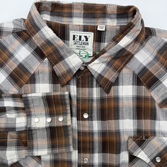Ely Cattleman Other - Ely Cattleman Western Shirt Men 2XL Brown Plaid Pearl Snap Classic Embroidery